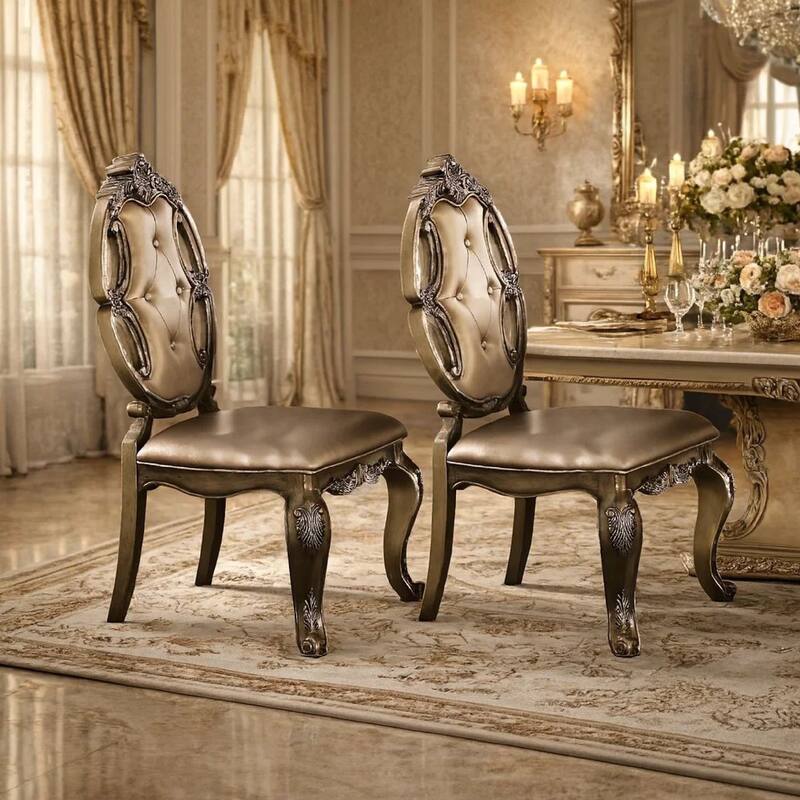 26 Inch Dining Chair, Faux Leather, Set of 2, Champagne Gold