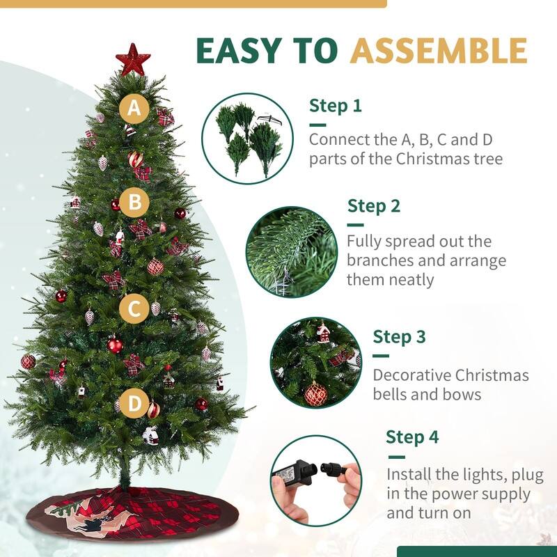 7.5 FT Artificial Christmas Tree with LED Lights, Hinged Xmas Pine Tree with Tree Skirt and Holiday Ornaments for Holiday Party