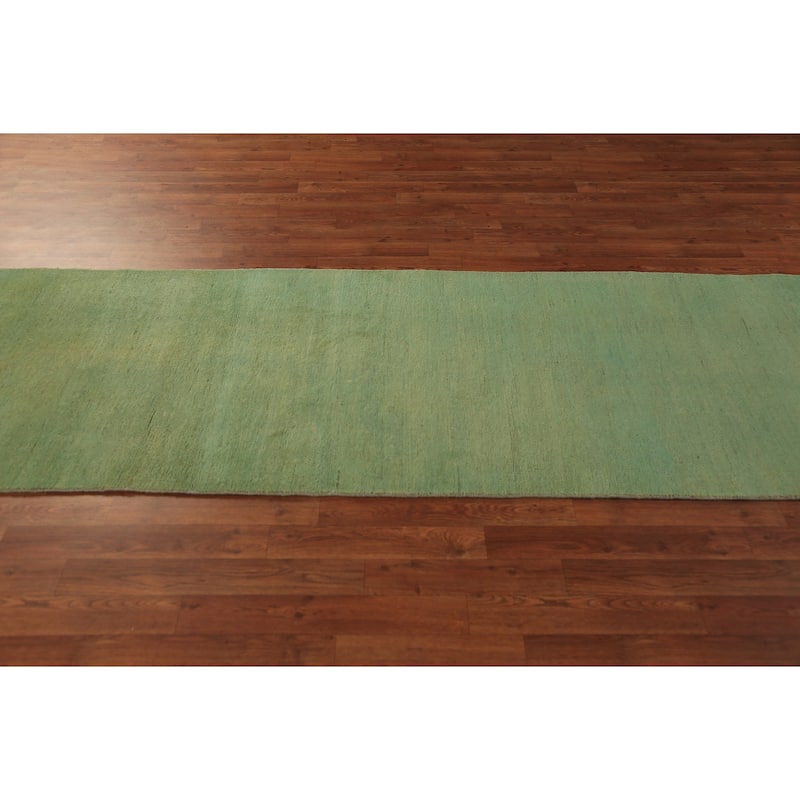 Green Modern Gabbeh Runner Rug Hand-Knotted Wool Carpet - 2'11" x 9'6"