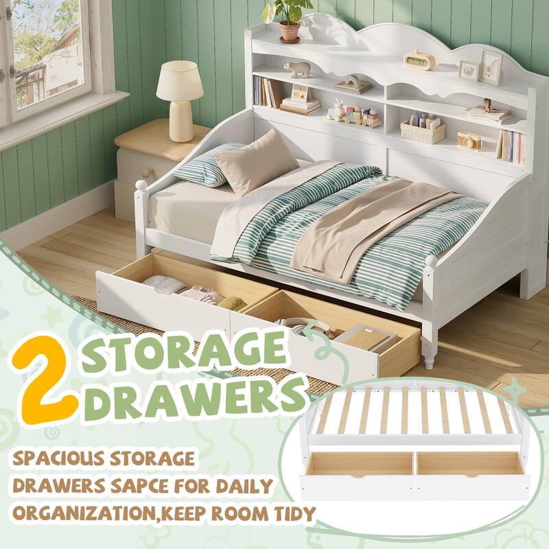 Twin Daybed with Storage Drawers and Headboard Shelving Wooden Frame