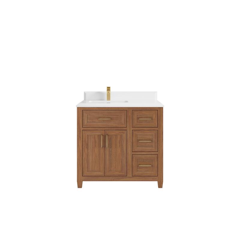 Willow Collections 36 in. W x 22 in. D Santa Monica Teak Left Offset Sink Bathroom Vanity with Countertop - 1.5”White Quartz - Dark Natural Teak