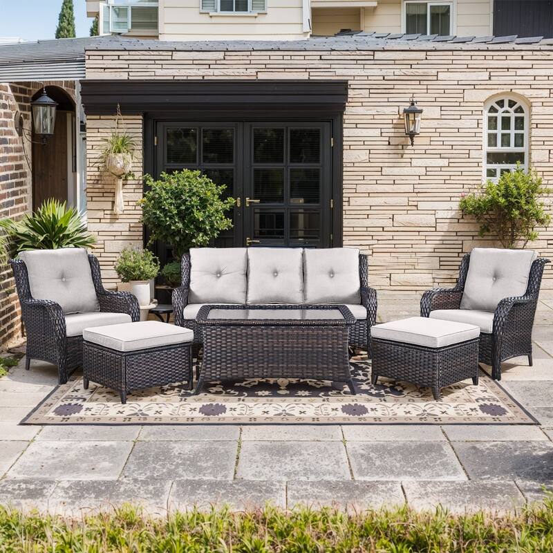 Outdoor Sofa Chair with Coffee Table and Ottoman - Brown Rattan - Beige Cushion - 6PCS - Patio Chair w/ Sofa Ottoman Coffee Table