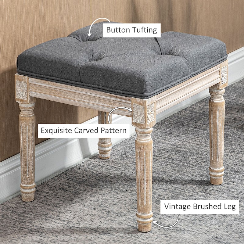 Upholstered Foot Stool with Button-Tufted Linen Cushion and Fluted Wooden Legs for Living Room