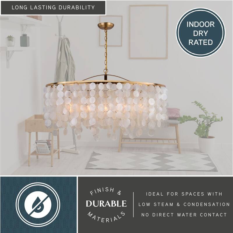 Elsa 5L Coastal Capiz Shell Linear Chandelier Island Pendant Light Fixture - 35.75-in W x 21-in H x 15-in D