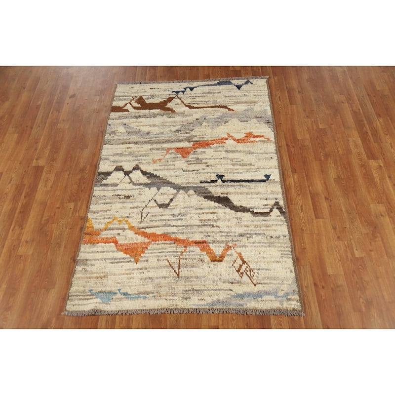 Moroccan Oriental Rug Handmade Beige Geometric Wool Carpet - 3'10" x 6'0"
