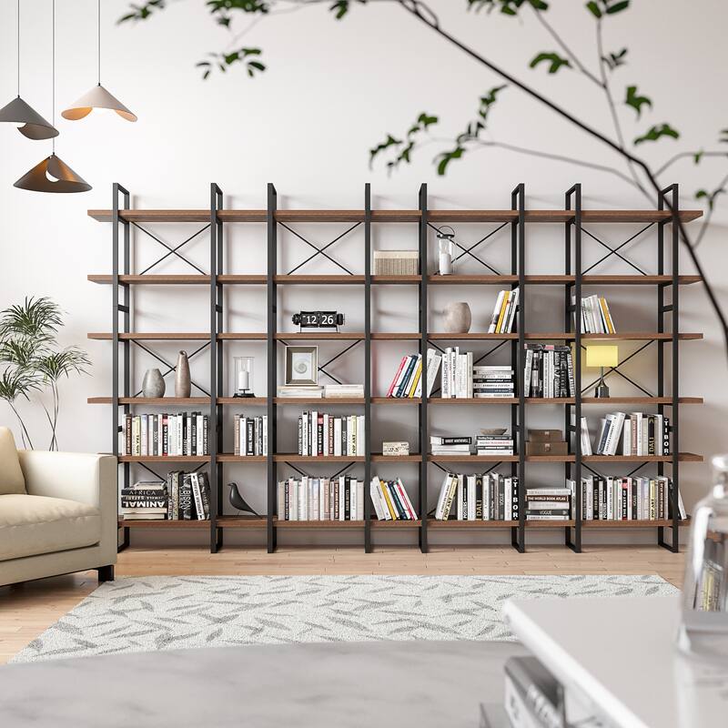 Davee Antique Color library Display and Storage Bookshelves - 85" H x 142" W x 12.6" D - Antique Walnut - 85" H x 142" W x 12.6" D