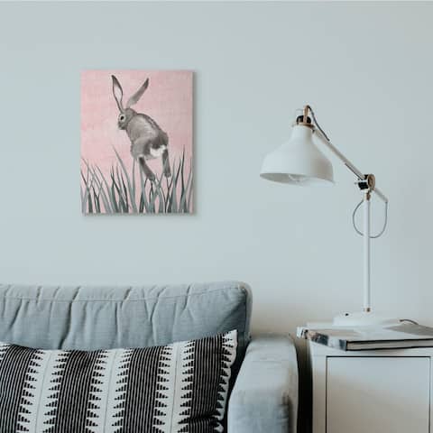 Stupell Industries Bunny Rabbit Jump Grass Pink Green Animal Painting Canvas Wall Art