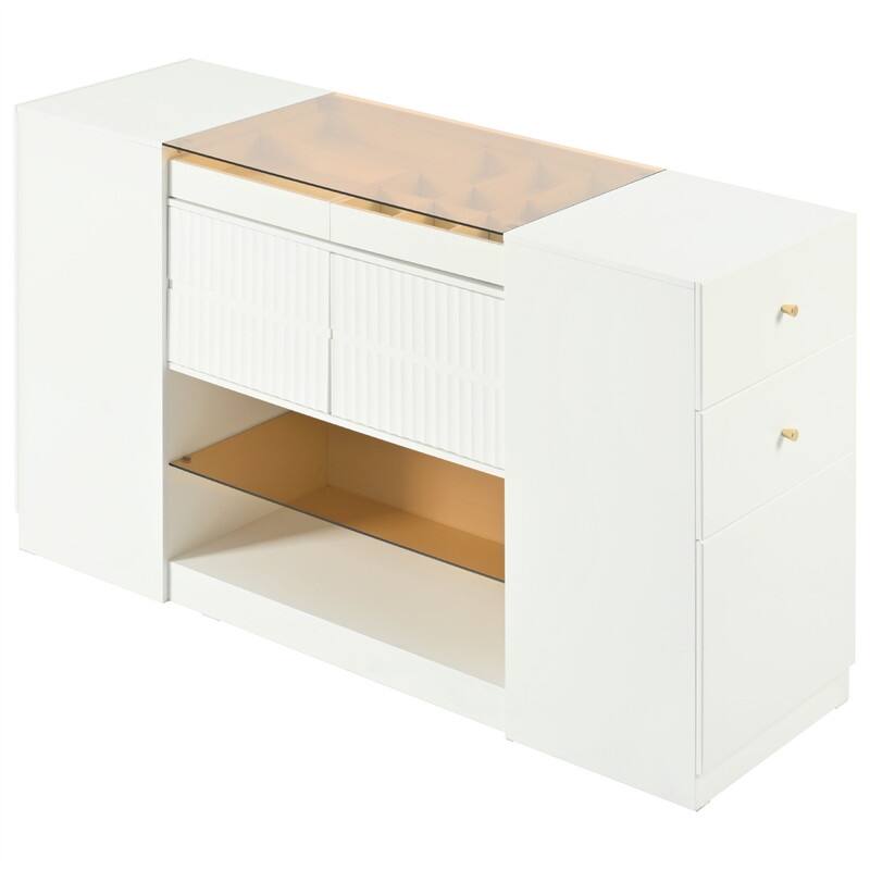 Modern Luxury Multi-Functional Island Vanity Dresser and Storage Cabinet with Glass Tabletop, Display Shelf and 6 Drawers