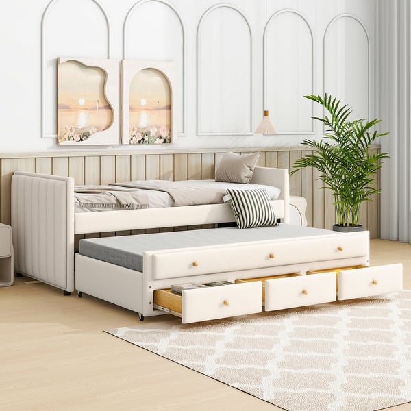 slide 2 of 32, Roomfitters Twin Size Upholstered Daybed with Twin Size Trundle and Drawers, Velvet, Durable & Easy to Assemble, for Bedroom Beige - Twin