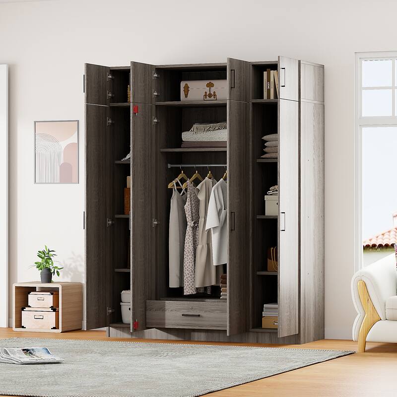 4-Door Wardrobe Armoire with Drawer and Overhead Cabinet Clothes Storage Cabinet for Bedroom