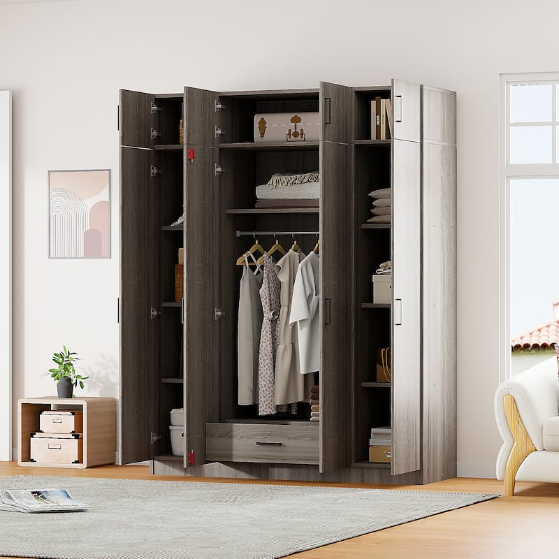 Wardrobe with Multiple Storage Space and Top Cabinet by Harper&Bright Designs - Grey