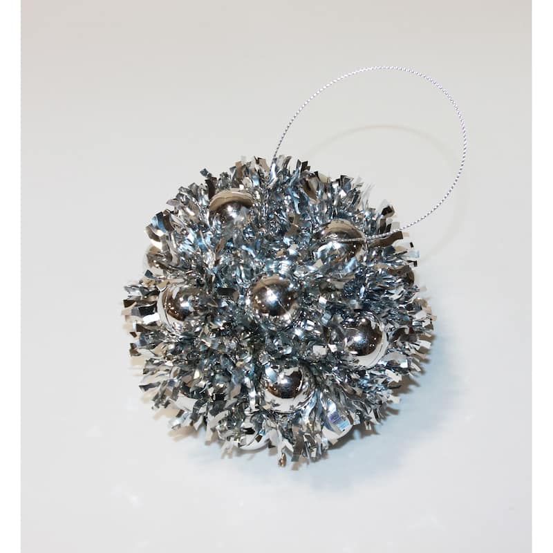 5" Hanging Tinsel Berry Christmas Metalic Ball Ornament, Silver, Set of 3 - 5