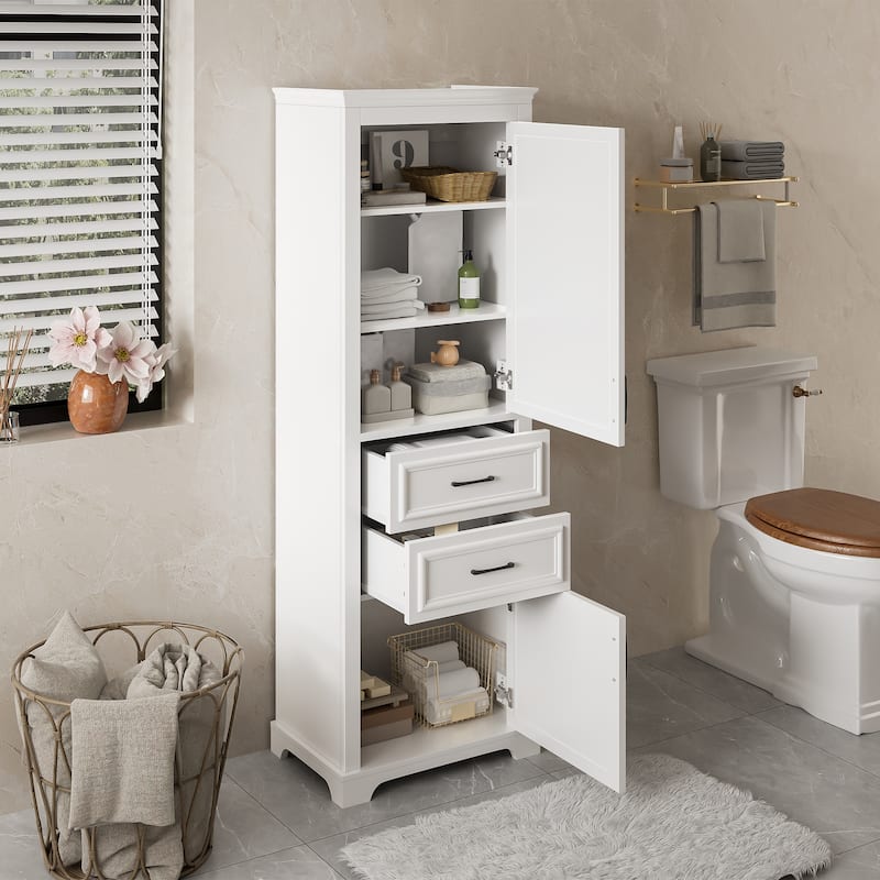 Bathroom Freestanding Storage Cabinet White Tall Cabinet with Adjustable Shelves, Black Handles and Anti-Tipping Design聽