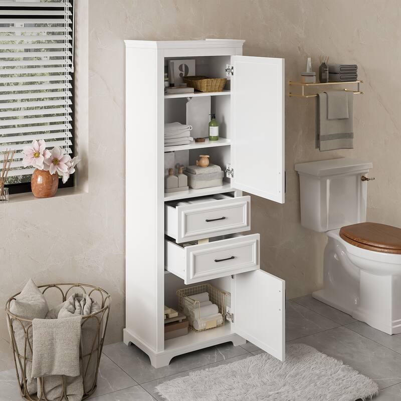 Roomfitters 71" Tall Freestanding Bathroom Cabinet with Damping-Hinge Doors, Drawers and Adjustable Shelves, White