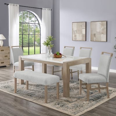 Tabitha 6Pc 66"W Rectangular White Faux Marble Top Dining Set in Light Oak Finish with Bench