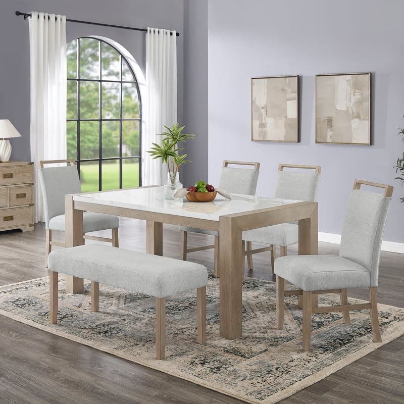 Tabitha 6Pc 66"W Rectangular White Faux Marble Top Dining Set in Light Oak Finish with Bench