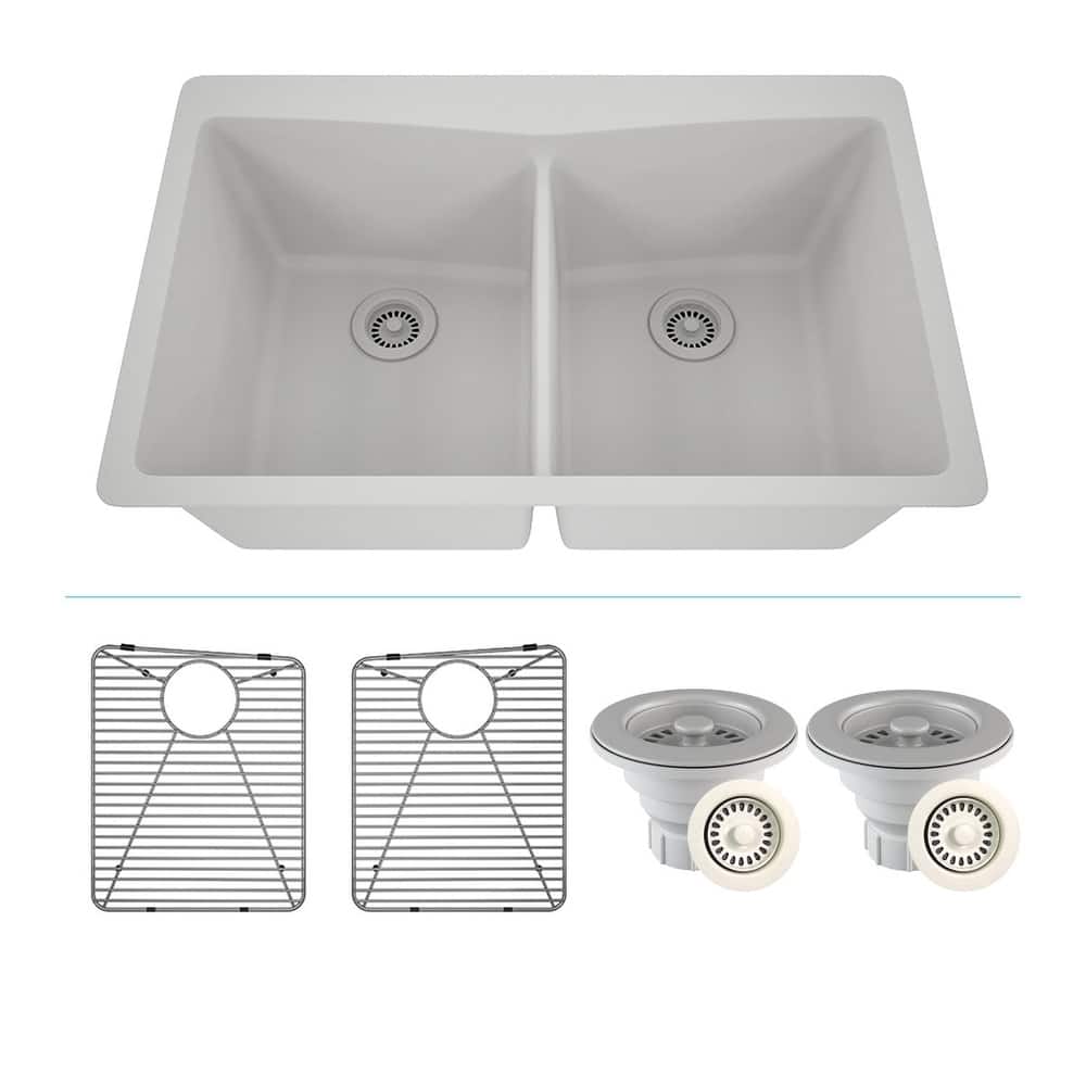 Lexicon Platinum Quartz 33 Inch Double Equal Bowl Undermount Kitchen Sink with Bottom Grids and Strainers , Disposal Flange