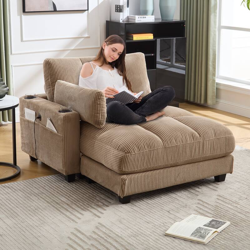 Oversized Corduroy Upholstered Single Chaise Lounge Sofa Couch Switchable Armrest with Cup Holders, USB Ports and Pockets