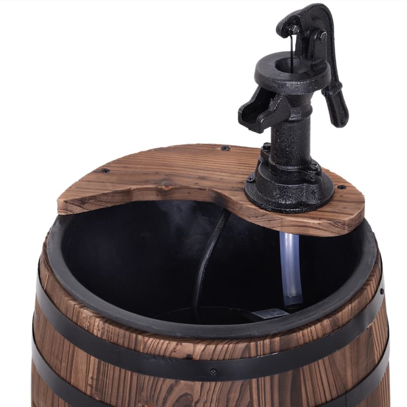 Outsunny 23" H Outdoor Water Fountain Wood and Metal Rustic Apple Barrel Pump Garden Decor for Outside Backyard