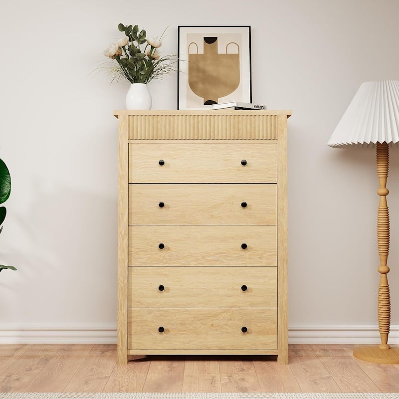 Modern Fluted 5 Drawer Dresser, Chest of Drawers for Bedroom, Living Room, Hallway
