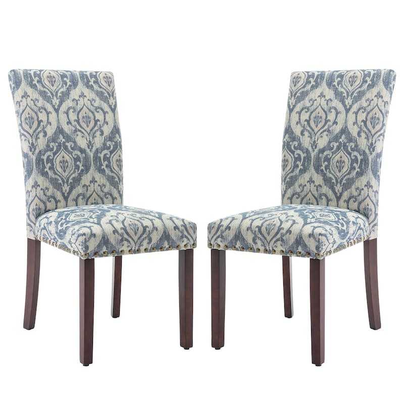 Upholstered Parsons Dining Chairs Set of 2/4/6, Fabric Dining Room Kitchen Side Chair with Nailhead Trim and Wood Legs - Set of 2 - F-BlueWhite Pattern