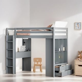 Twin Size Loft Bed with Large Storage Shelves, Wooden Bed with Writing Desk and Led Light, Kid's Bed with Drawers, Gray