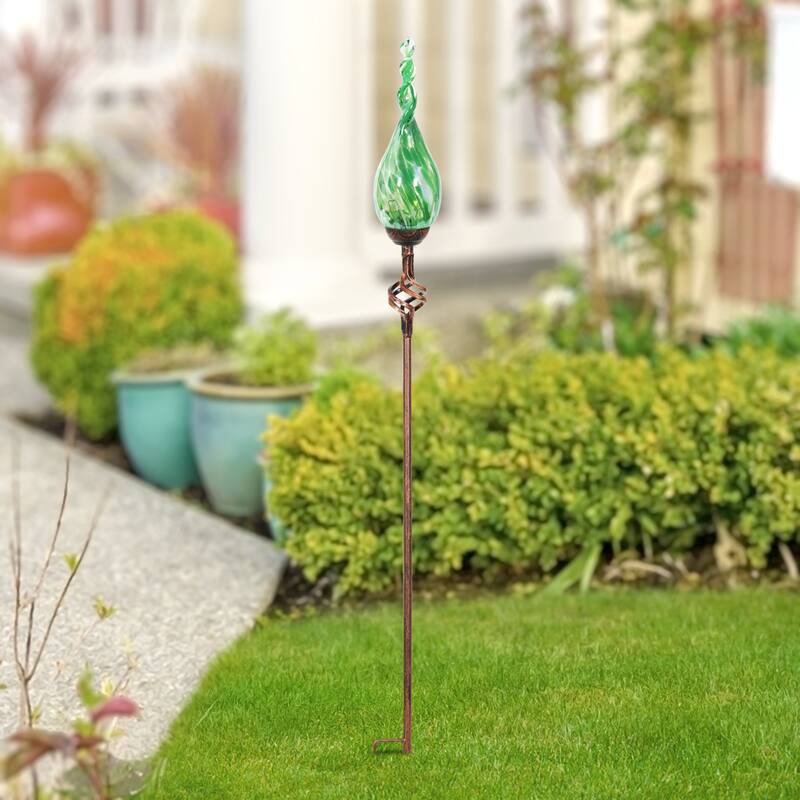 Exhart Solar Pearlized Hand Blown Glass Twisted Flame Garden Stake with Metal Finial Detail, 36 Inch