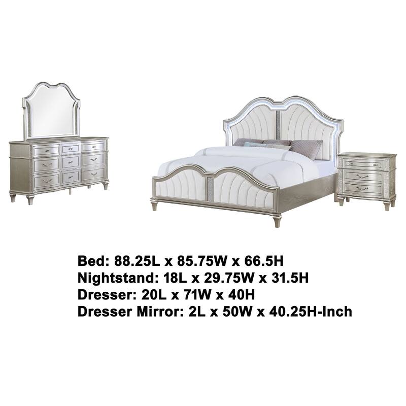 Nive 4pc King Bedroom Set, Silver, Ivory Channel Tufted Upholstery