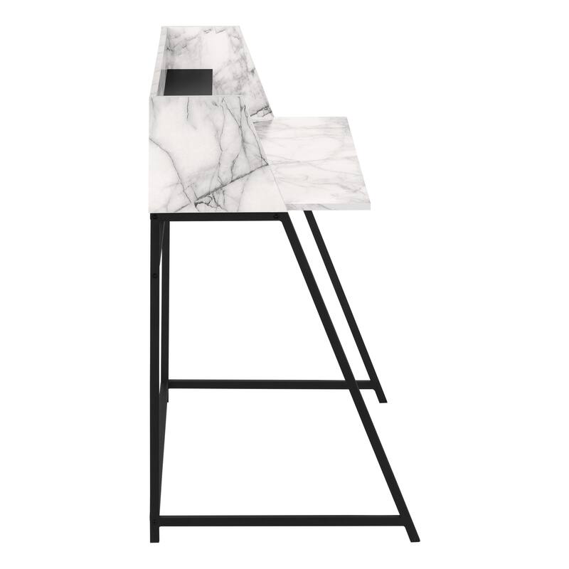 Computer Desk, Home Office, Laptop, Storage Shelves, 48"l, Work, White Marble Look Laminate, Black Metal, Contemporary, Modern