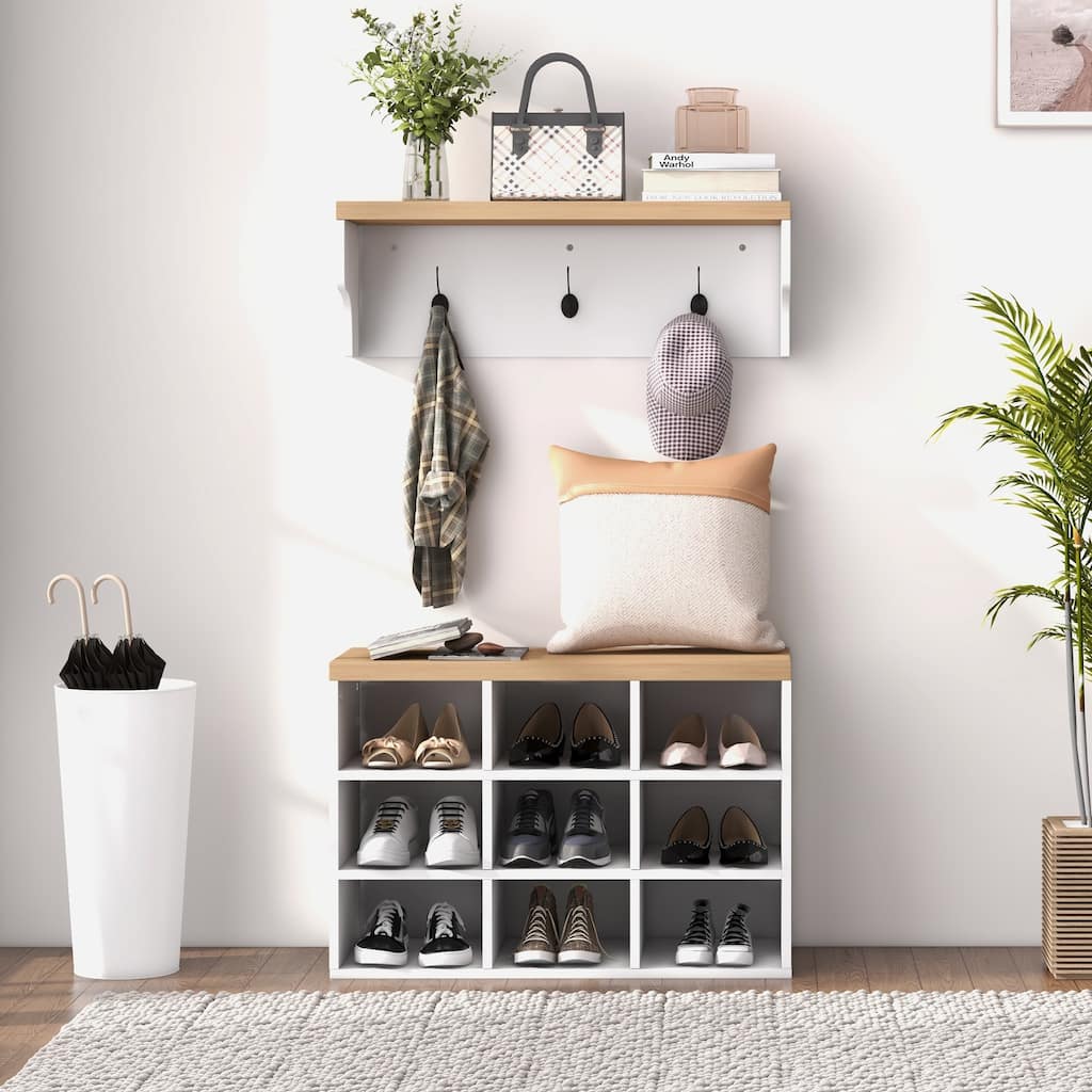 Entryway Leisure Bench Decorative Bench with Open Shelves and Hooks, Shoe Bench Indoor Bench with Storage Compartments