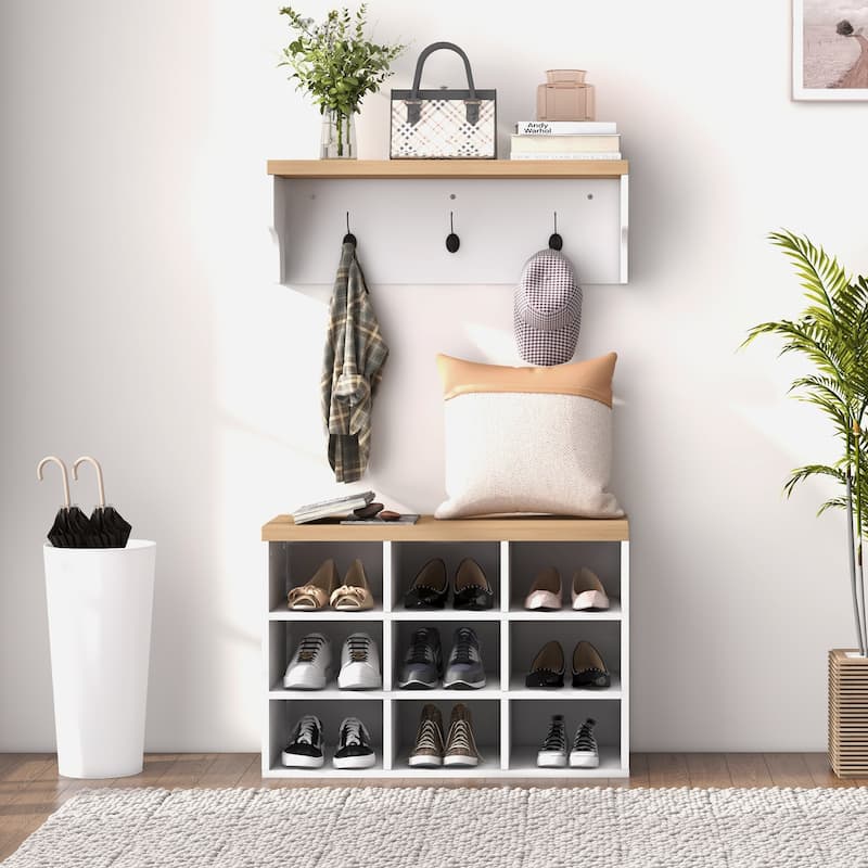 White 2 in 1 Hall Tree - Coat Rack and Shoe Bench with Storage for 9 Shoes