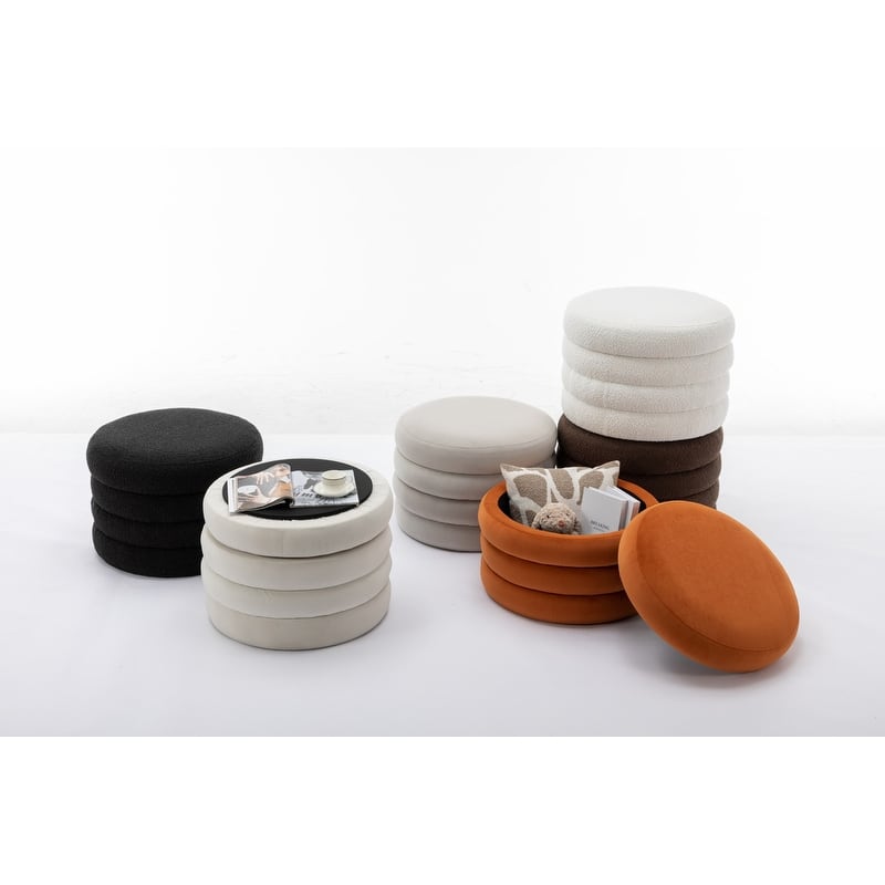 Velvet Fabric Storage Round Ottoman Footstool With Wooden Shelving