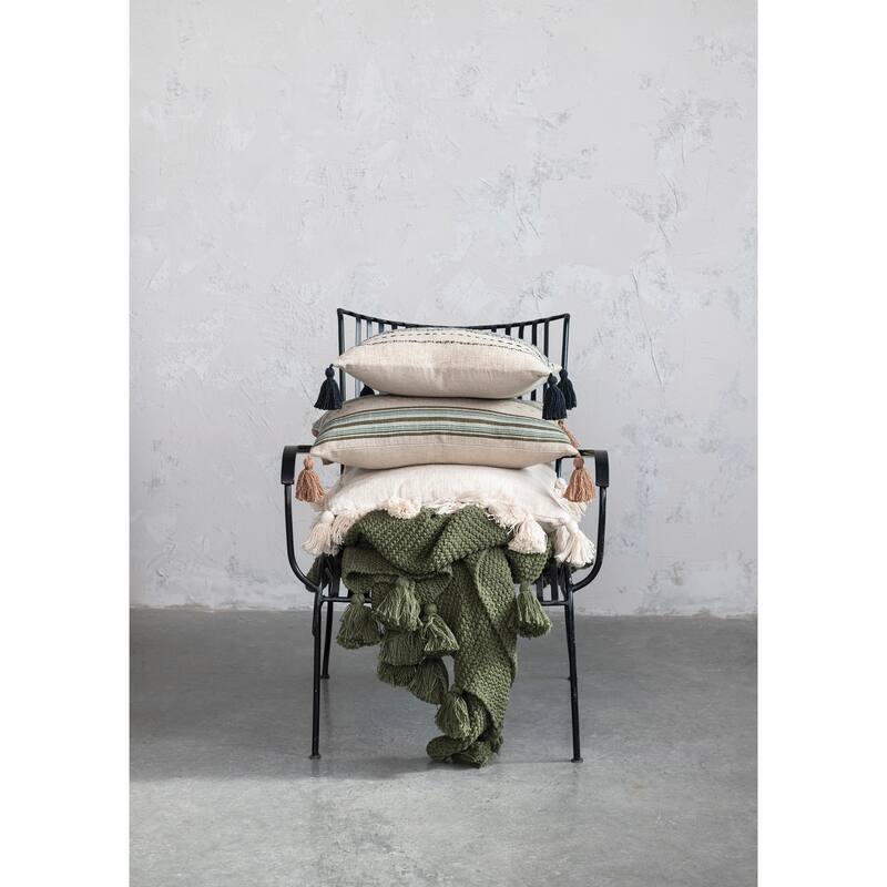 Cotton and Linen Blend Pillow with Hand-Embroidered Stripes