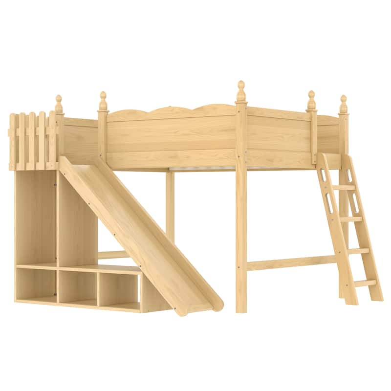 Queen/Full Size Solid Wood Loft Bed with Slide, Storage Shelves, Cabinet, Ladder & Play Area, No Box Spring Needed