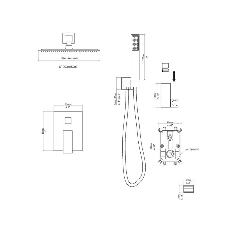 Topcraft 12-Inch Wall Mounted Square Shower System with Rough-in Valve - 12*12