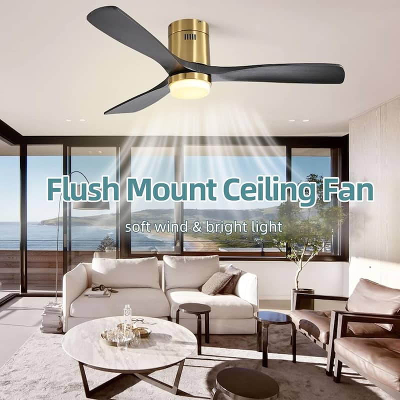52 Inch Flush Mount Wood Blades White Ceiling Fan Reverse Airflow,6 Wind Speed,Remote Control
