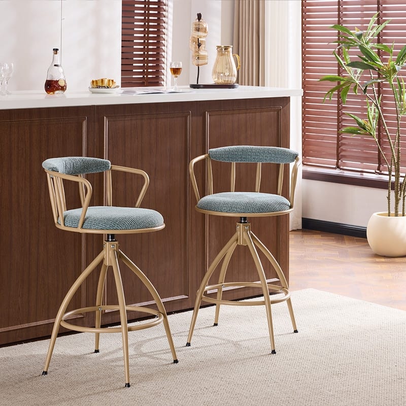 Blue Snow Linen Fabric Swivel Bar Stool with Wooden Legs - N/A
