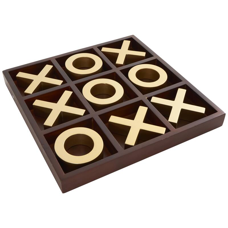 Wooden Tic Tac Toe Game Set with Gold X and O Pieces - Brown - Roche River Decor