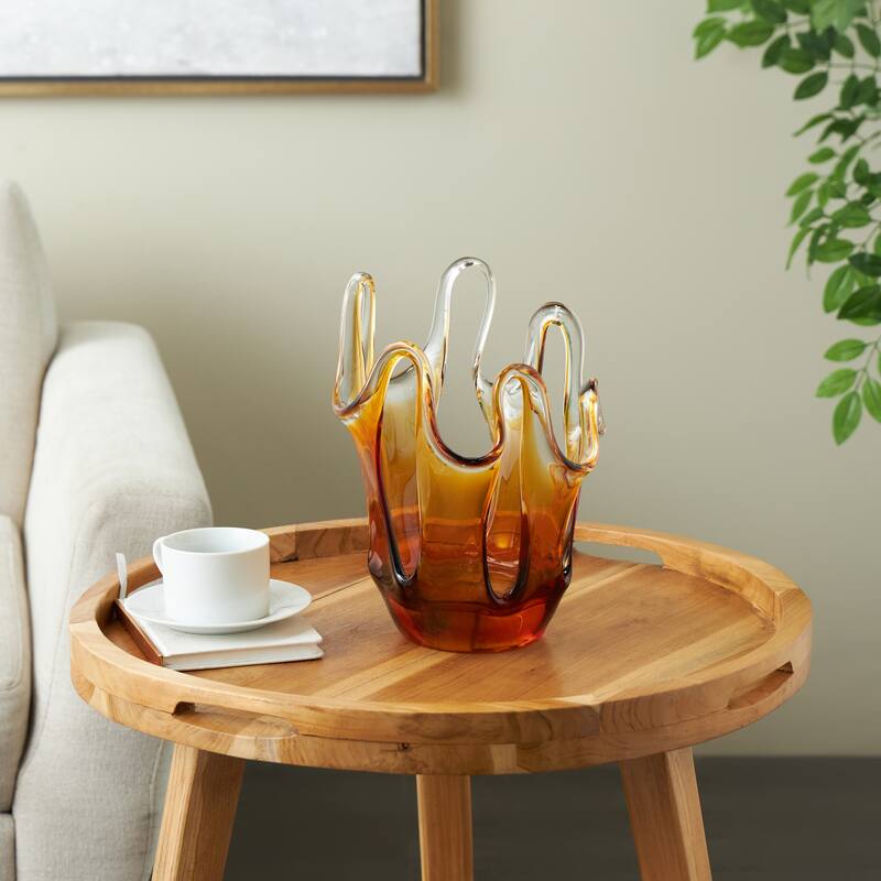 Glass Abstract Ombre Vase with Wavy Oval Cutouts - Orange - Roche River Decor - 8"W x 9"L x 12"H