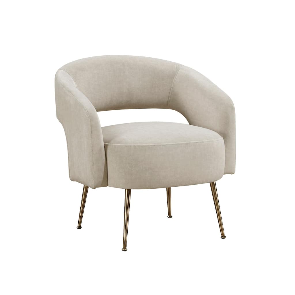 Noel Accent Chair, Curved Open Back, Taupe Brown Velvet, Gold Metal Legs