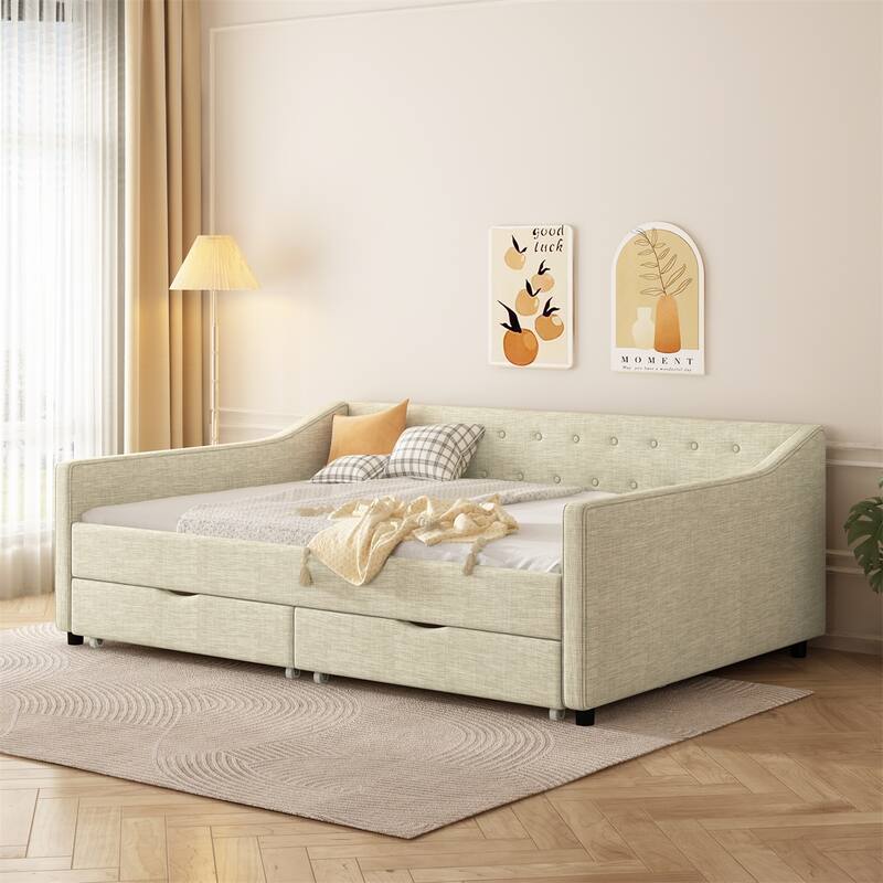 Upholstered Tufted Full Size Daybed with Drawers, Button on Back