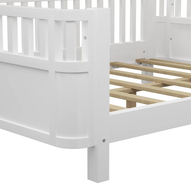 White Full Size Wood Platform Bed with Safety Rails for Kids, Low Profile Design