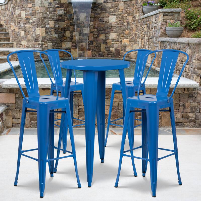 24'' Round Metal Indoor-Outdoor Bar Table Set with 4 Cafe Stools - 24"W x 24"D x 41"H
