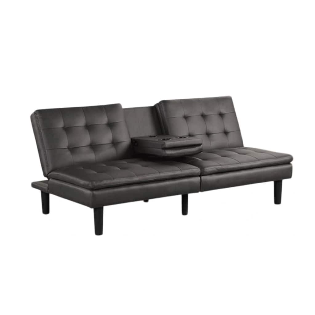 Berie Futon Sofa Bed, Drop-Down Tray and Cupholder, Gray Faux Leather