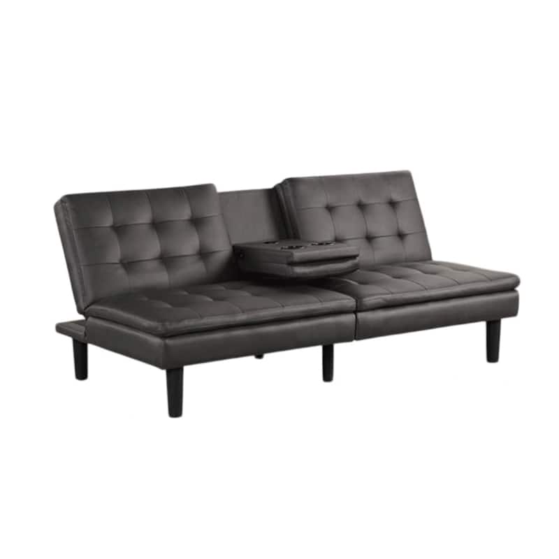 Berie Futon Sofa Bed, Drop-Down Tray and Cupholder, Gray Faux Leather