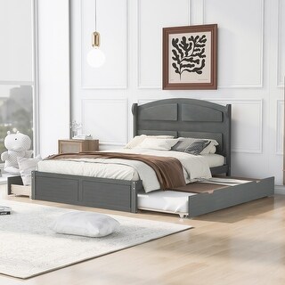 Queen Size Platform Bed with Twin Size Trundle and 2-Drawers for Bedroom, No Box Spring Required, Easy Assembly, Antique Grey