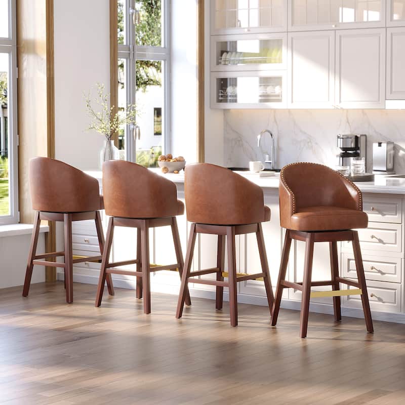 Bar Stools PU Leather / Linen Fabric Upholstered Solid Wood Swivel Barstool Set of 2/4