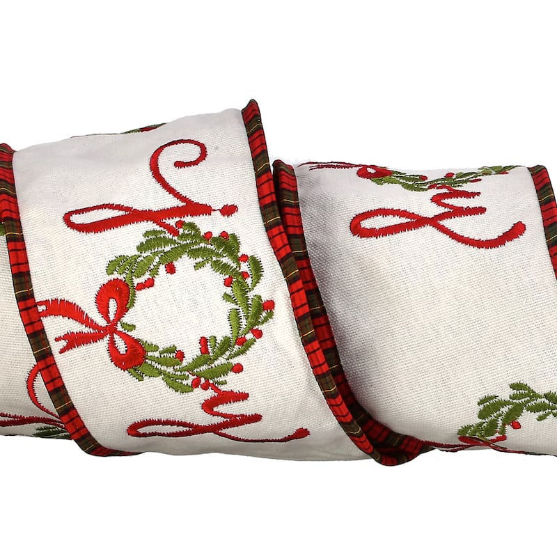 4"x 5Y "Joy" Wreath Dupion Plaid Back Ribbon