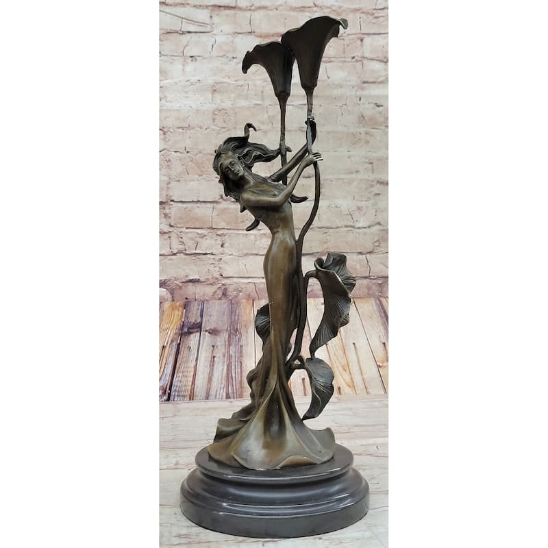 Tulip Young Girl Candlestick Statue Bronze Art Deco Candleholder Sculpture