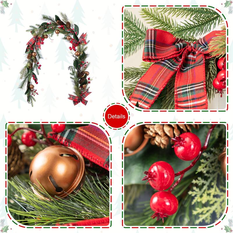 Glitzhome 4/5ft Pre-Lit Snow Flocked Christmas Tree in Pot, Berry Bow Wreath and Garland Set Xmas Decor